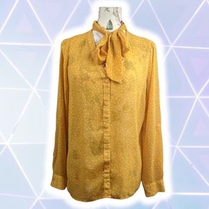 Size large yellow with white polka dot secretary style forever 21 sheer blouse